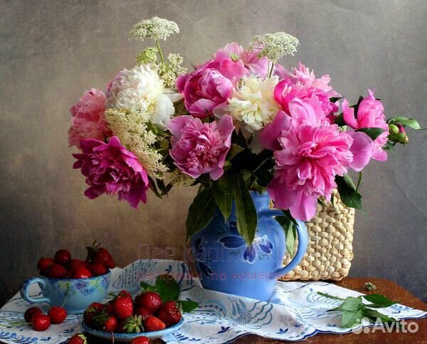 Картина по номерам 40x50 Пионы и земляника на стол