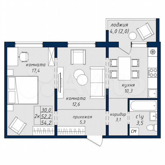 2-к. квартира, 54,2 м², 16/18 эт.
