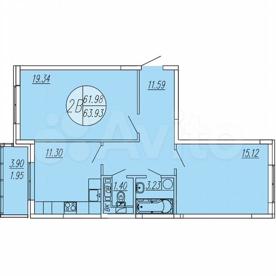 2-к. квартира, 63,9 м², 4/4 эт.