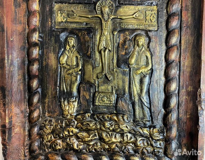 Старинная икона ставротека Голгофа - резьба - лить