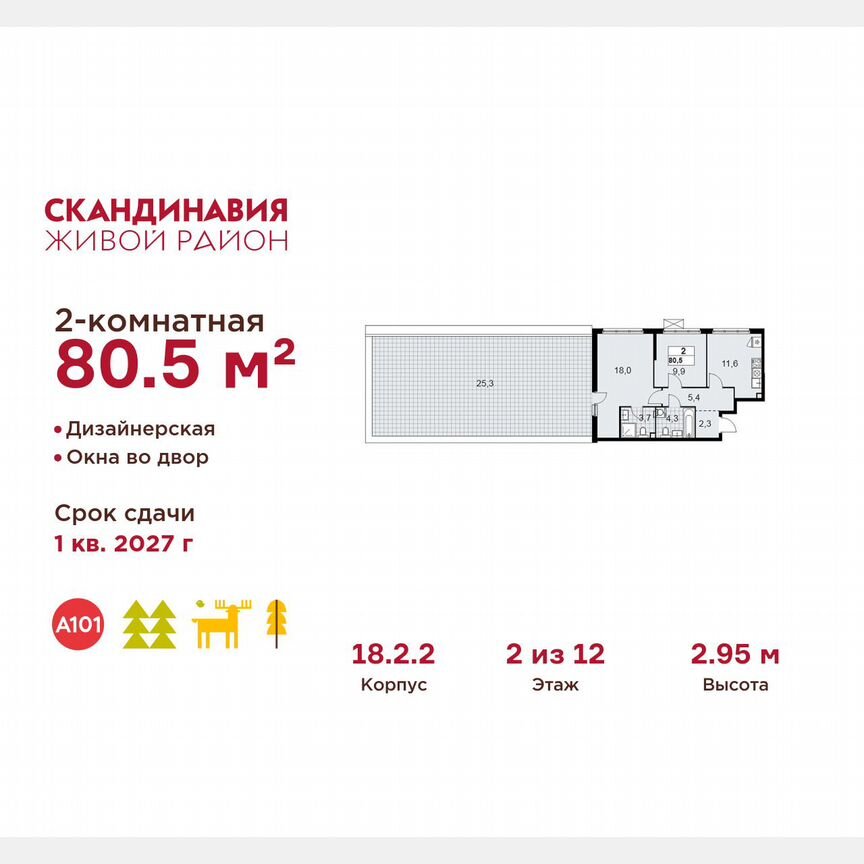 2-к. квартира, 80,5 м², 2/12 эт.