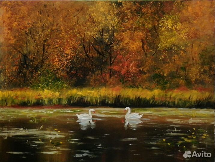 Белые лебеди на пруду. Холст на подрамнике 40х50