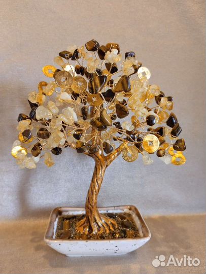 Дерево счастья из цитрина, тиг.глаза с монетками