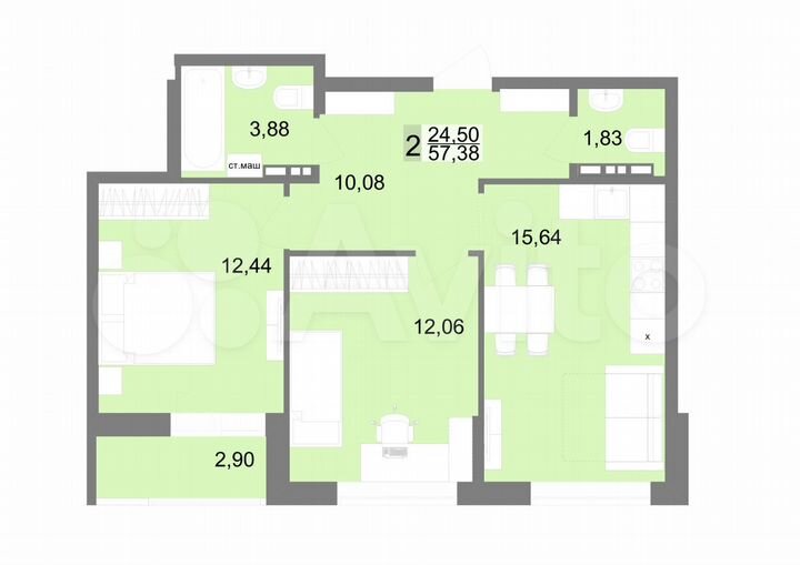 2-к. квартира, 57,4 м², 4/23 эт.