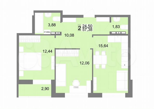 2-к. квартира, 57,4 м², 4/23 эт.