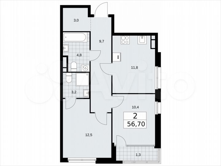2-к. квартира, 56,7 м², 13/16 эт.