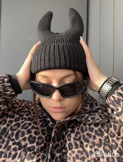 Шапка с рожками вязаная бини ручная работа