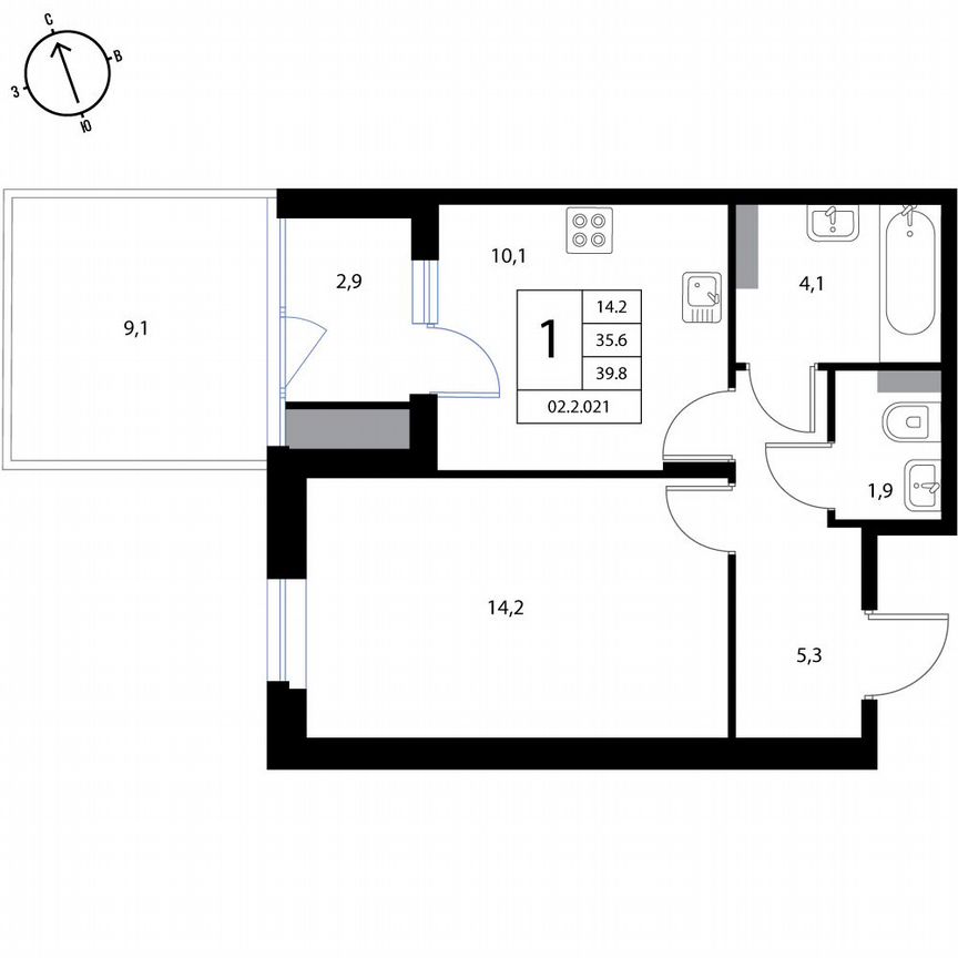 1-к. квартира, 39,8 м², 1/3 эт.