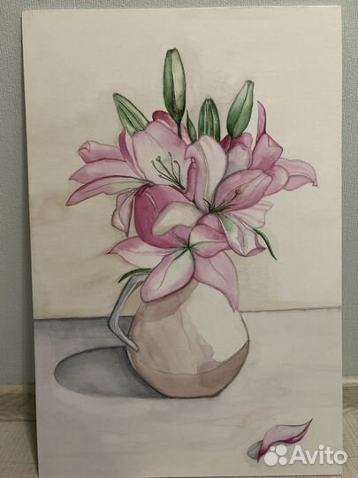 Картина ручной работы акварель Букет лилий 40х60