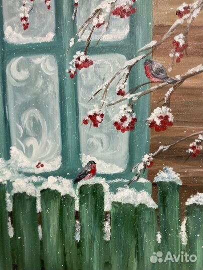 Картина маслом на холсте, зима, снегири