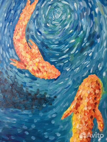 Картина маслом на холсте « Золотые рыбки»