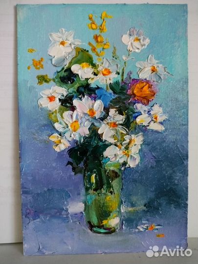 Маленькая картина маслом ромашки цветы полевые