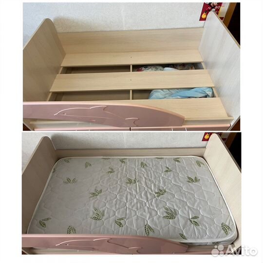 Кровать дельфин с бортиком, матрас, наматрасник