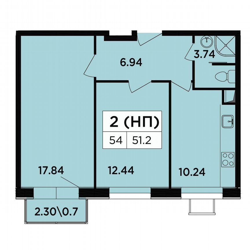 2-к. апартаменты, 51,2 м², 4/18 эт.