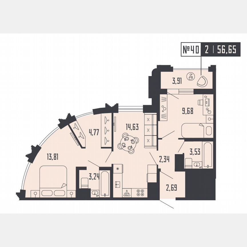 2-к. квартира, 56,7 м², 10/24 эт.