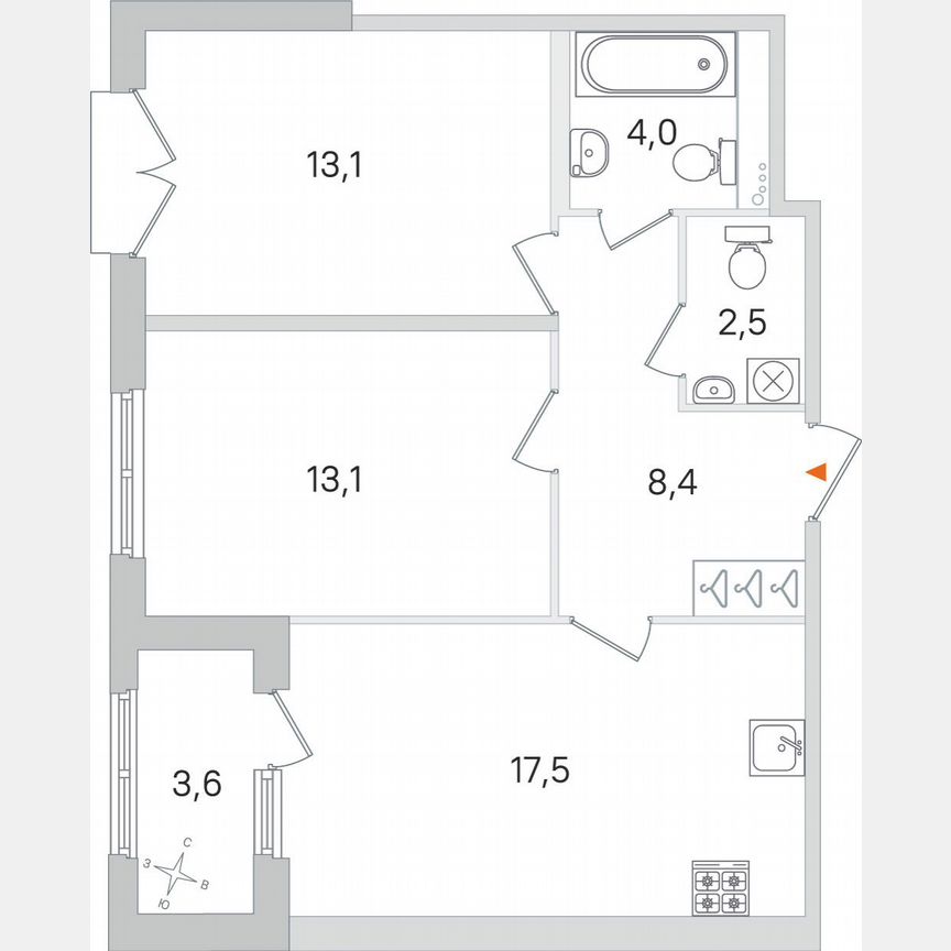 2-к. квартира, 60,4 м², 2/4 эт.