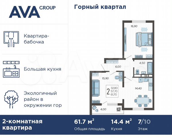 2-к. квартира, 61,7 м², 7/10 эт.
