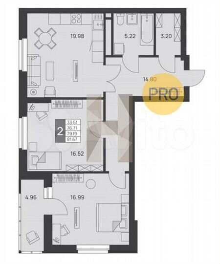 2-к. квартира, 79,2 м², 22/24 эт.