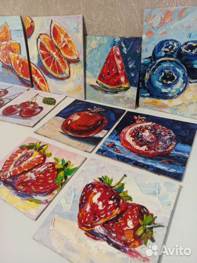 Фрукты гранат картина маслом миниатюра 15*15 см