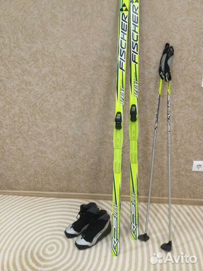 Лыжные ботинки 39, лыжи, палки, чехол fisher