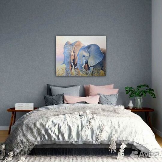 Картина маслом на холсте Слоны на закате