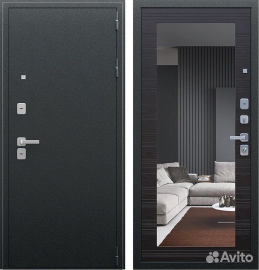 Черная входная дверь с терморазрывом и зеркалом