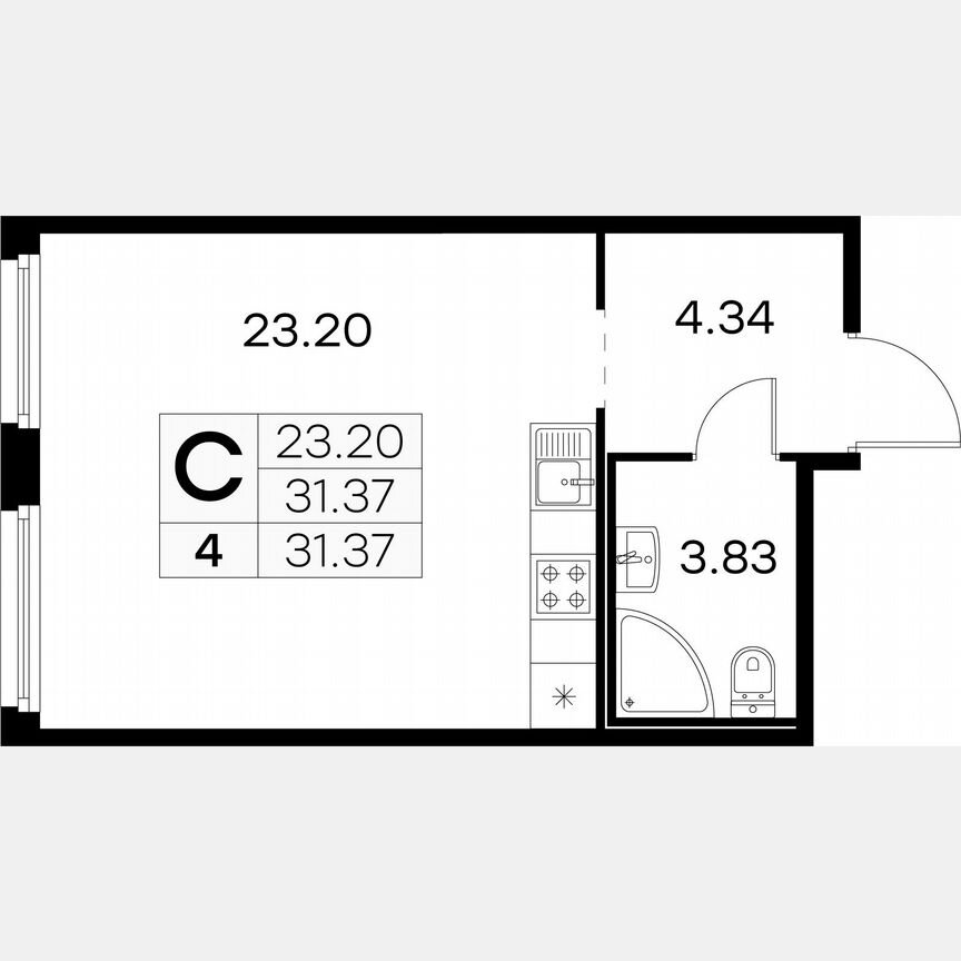 Квартира-студия, 31,4 м², 1/15 эт.