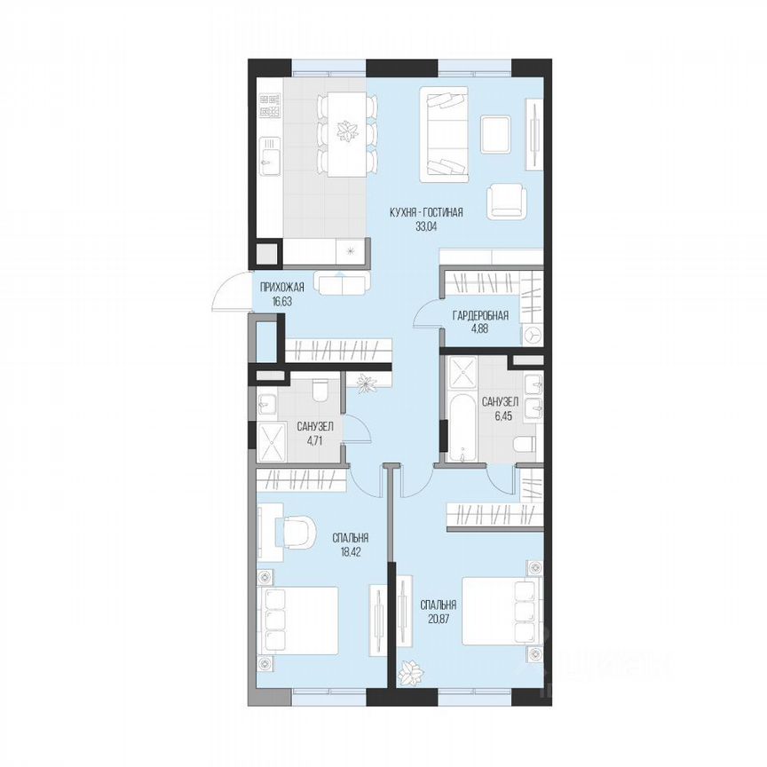 2-к. квартира, 104,3 м², 2/6 эт.