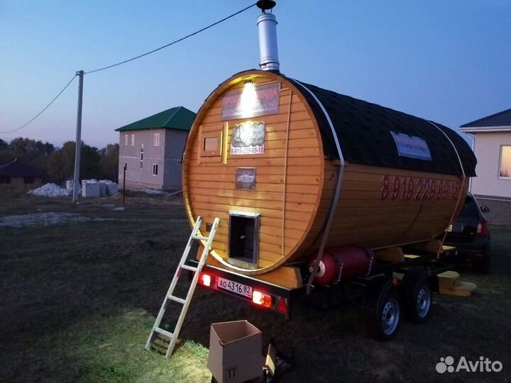 Мобильная баня бочка на колёсах, прокат и аренда