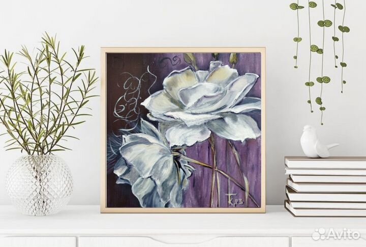 Картина Белые розы маслом на холсте авторская