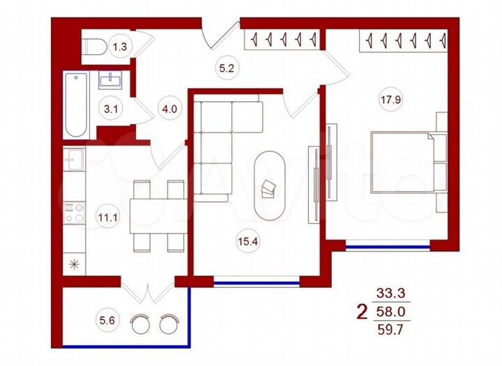 2-к. квартира, 59,7 м², 9/17 эт.