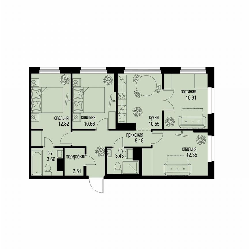 4-к. квартира, 75,1 м², 3/12 эт.