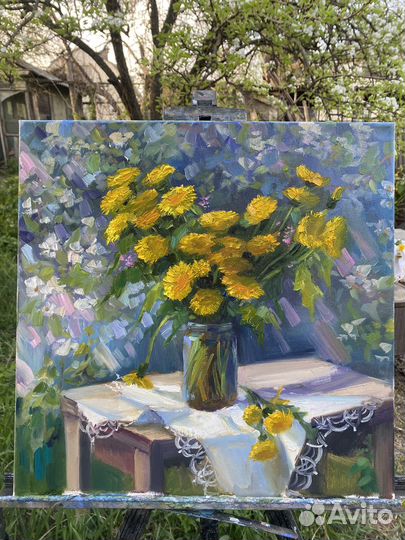 Картина маслом на холсте «Одуванчики» 40*40