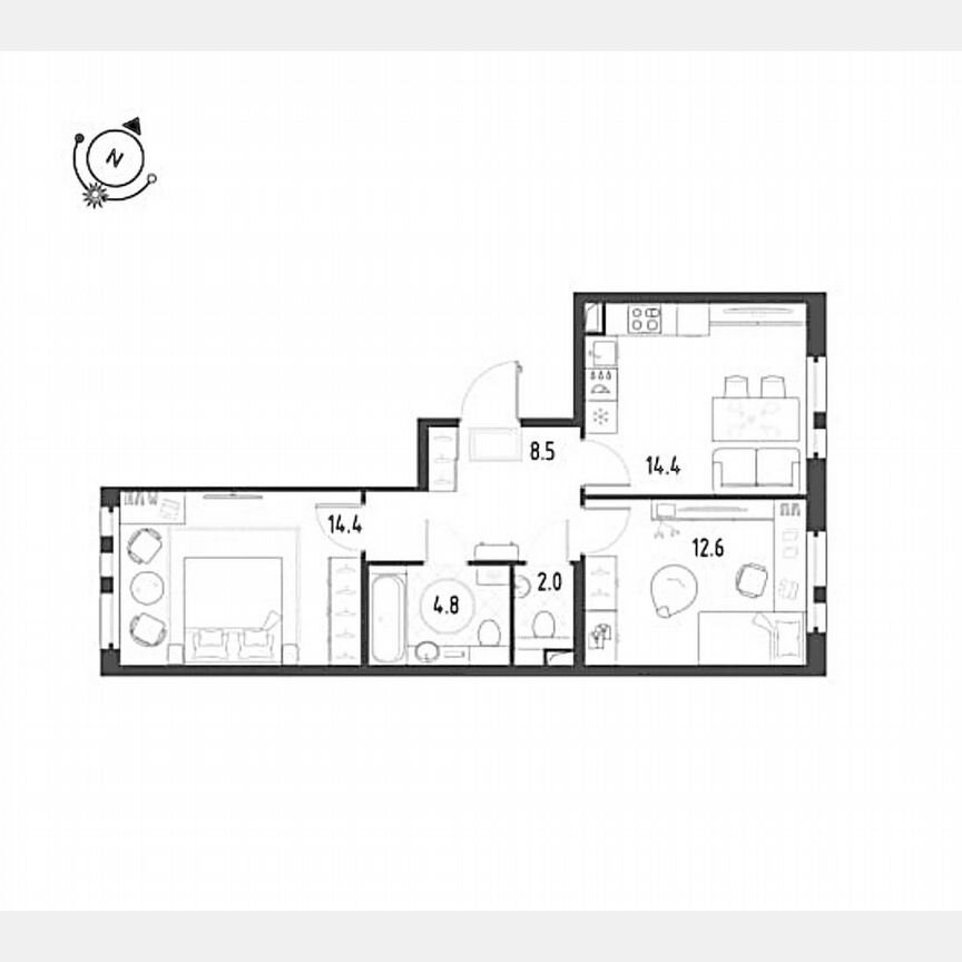 2-к. квартира, 56,7 м², 2/12 эт.