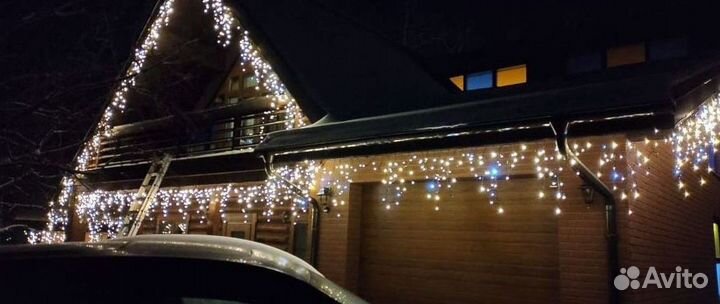 Украшение домов гирляндами, подсветка дома лентой