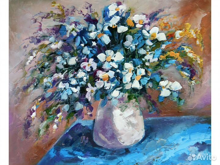 Картина с цветами. Букет ромашек в вазе