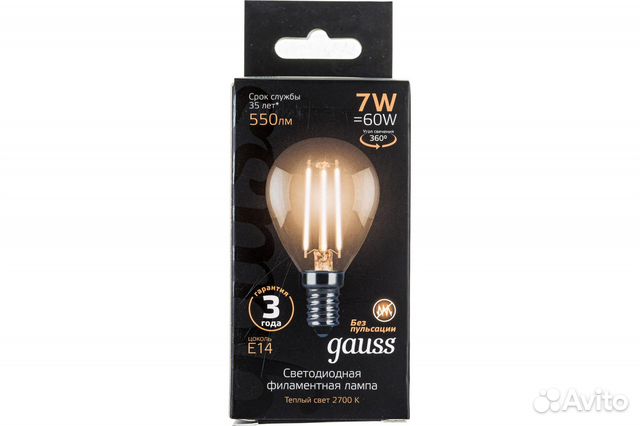 Лампа Gauss светодиодная LED Filament 7W Е14 новые