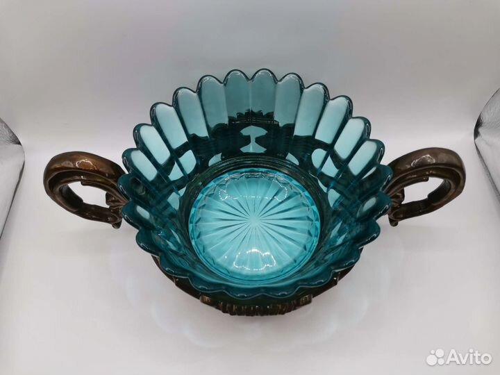 Конфетница Ваза Синее стекло Аллюминий СССР