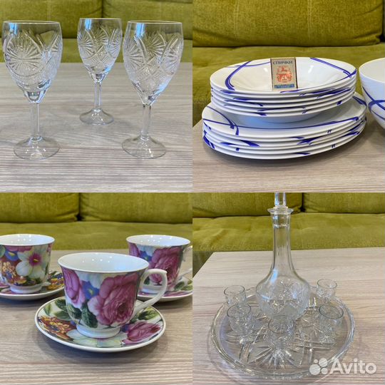 Бокалы, рюмки, стаканы, чашки, тарелки и др