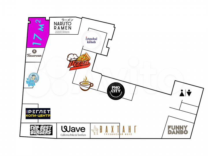 Корнер на фудхолле, 17 м² в минуте от метро