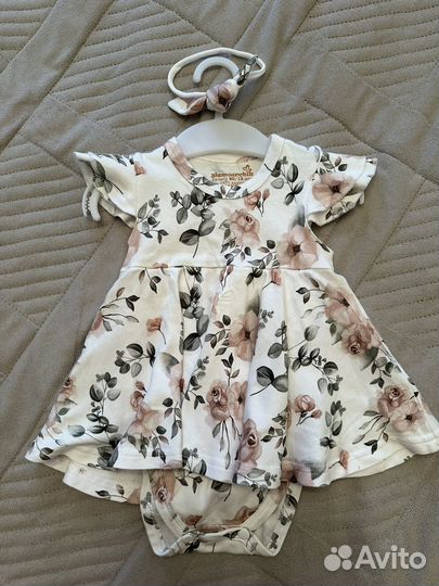 Боди с юбкой платье и повязка для новорожденных