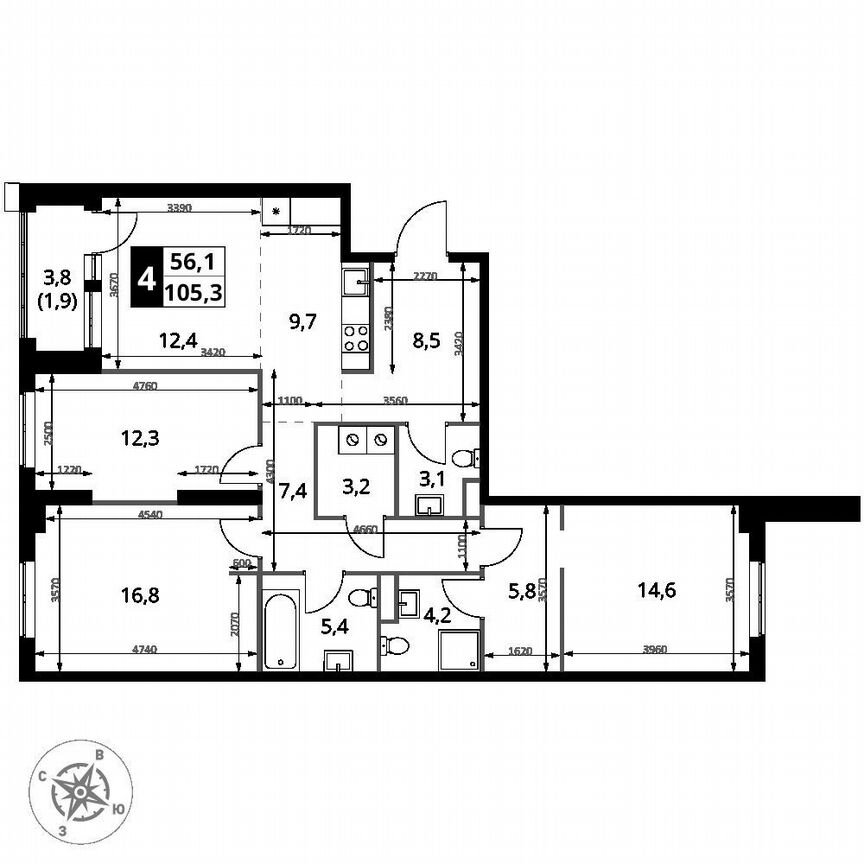 3-к. квартира, 105,3 м², 2/25 эт.