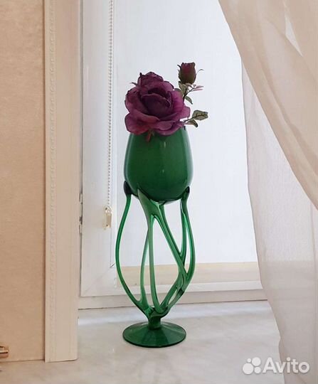 Ваза бокал подсвечник зеленое стекло Польша винтаж