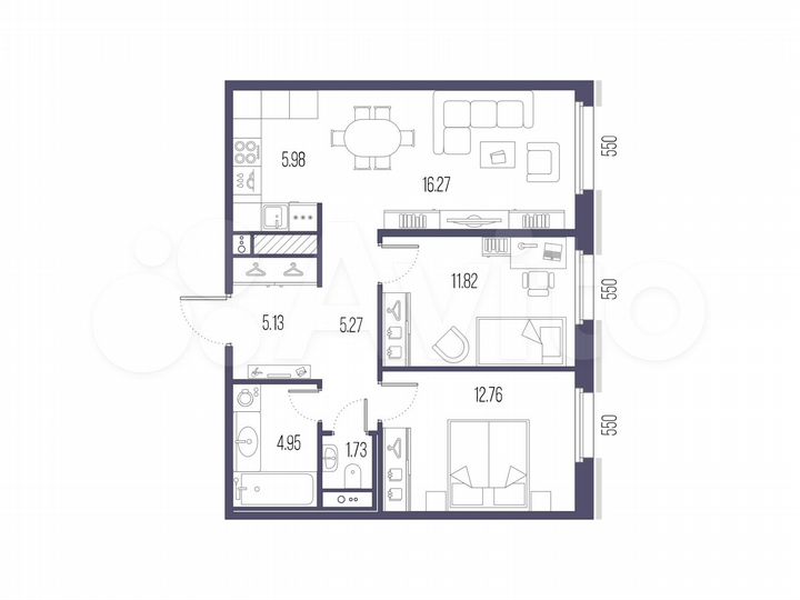 2-к. квартира, 63,9 м², 6/10 эт.