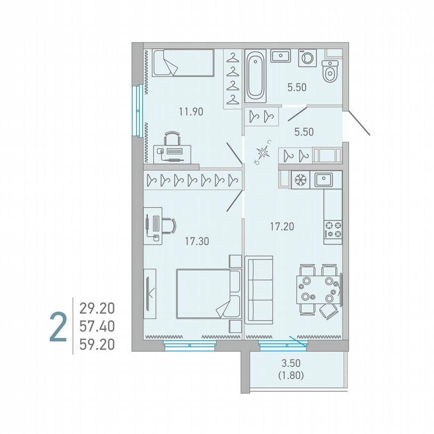 2-к. квартира, 59,2 м², 6/17 эт.