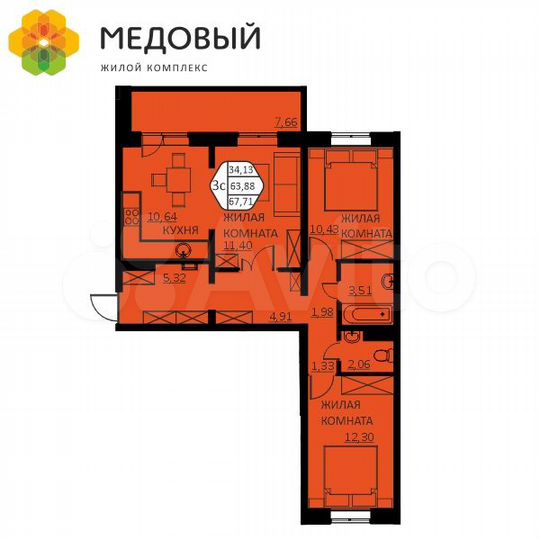 3-к. квартира, 67,7 м², 13/16 эт.