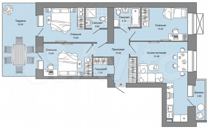 3-к. квартира, 90 м², 2/8 эт.