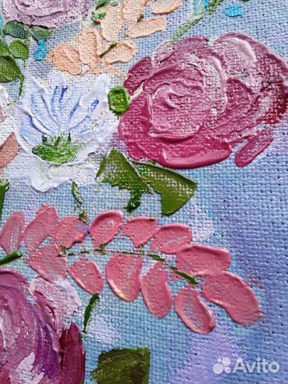 Картина маслом цветы, розы, весенний букет