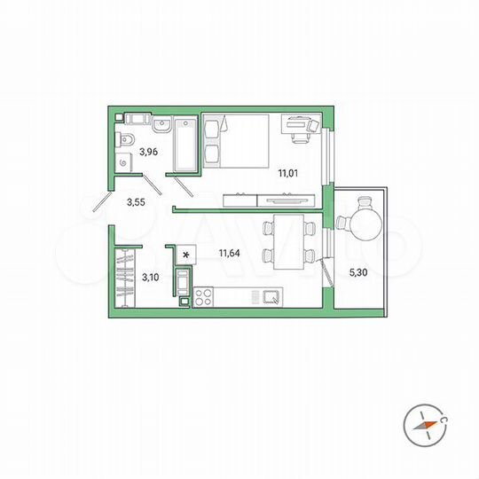 1-к. квартира, 34,9 м², 1/9 эт.