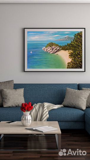 Картина маслом. Море, пляж, скала, яхта